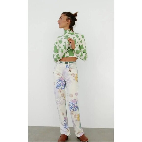 NWOT Zara off white ecru and green animal print wool blend sweater top, M - Picture 4 of 8